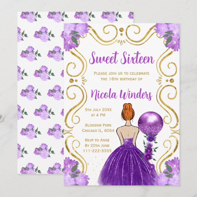 Sweet Sixteen Red Hair Princess in Purple Invitation (Front/Back)