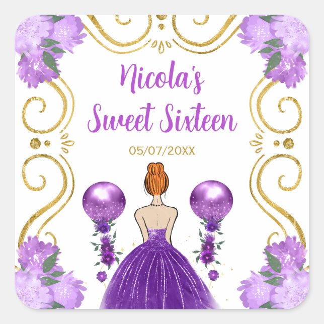 Sweet Sixteen Red Hair Princess in Purple Square Sticker (Front)