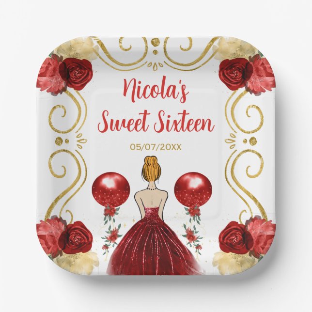 Sweet Sixteen Red Hair Princess in Red Paper Plate (Front)