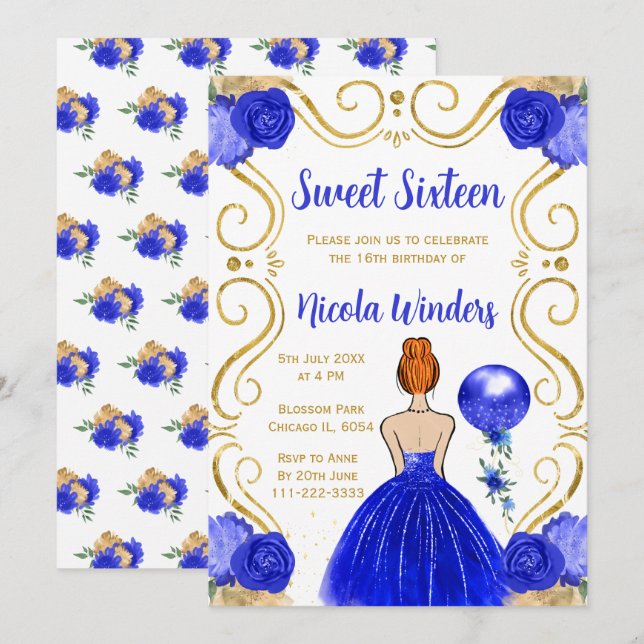Sweet Sixteen Red Hair Princess in Royal Blue Invitation (Front/Back)