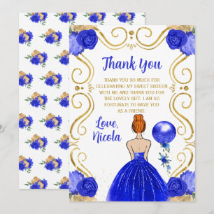 Sweet Sixteen Red Hair Princess in Royal Blue  Thank You Card
