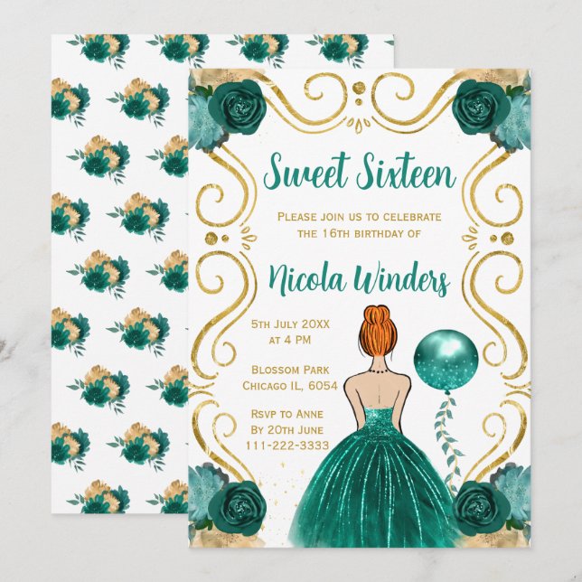Sweet Sixteen Red Hair Princess in Teal Invitation (Front/Back)