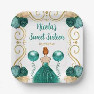 Sweet Sixteen Red Hair Princess in Teal Paper Plate