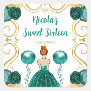 Sweet Sixteen Red Hair Princess in Teal Square Sticker