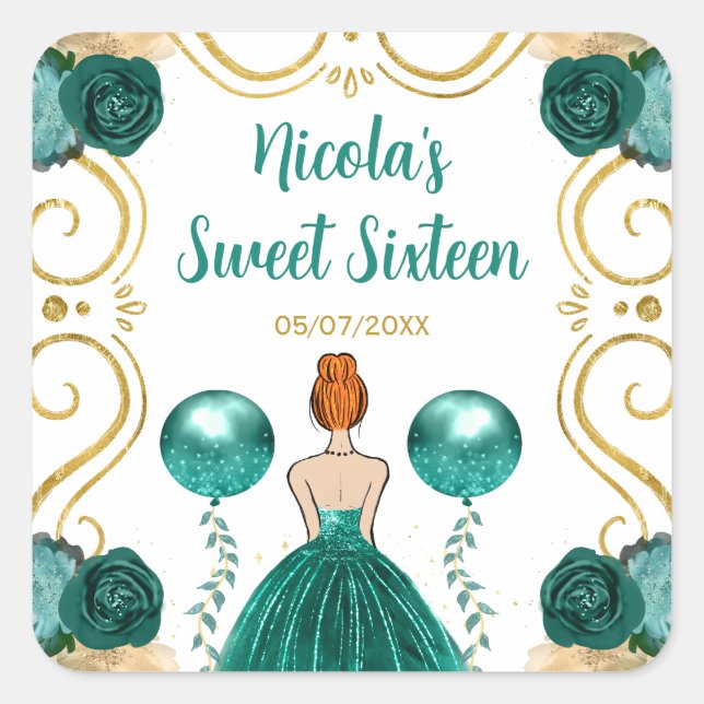 Sweet Sixteen Red Hair Princess in Teal Square Sticker (Front)