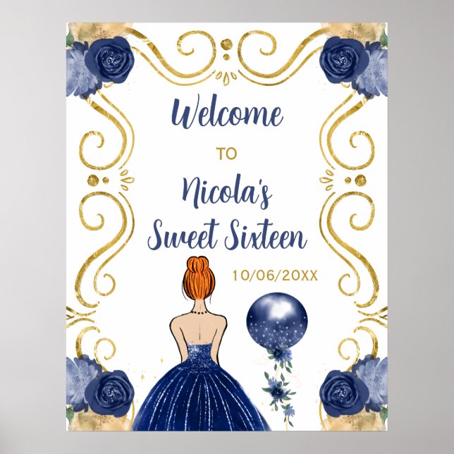 Sweet Sixteen Red Hair Princess Navy Blue Welcome Poster (Front)