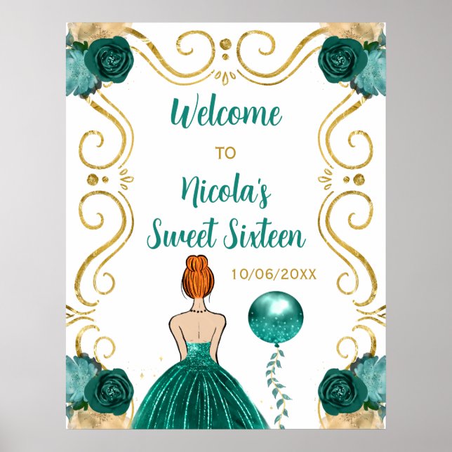 Sweet Sixteen Red Hair Princess Teal Blue Welcome Poster (Front)