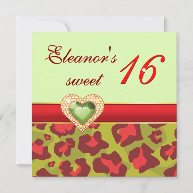 Sweet sixteen red olive green leopard jewel heart invitation (Front)