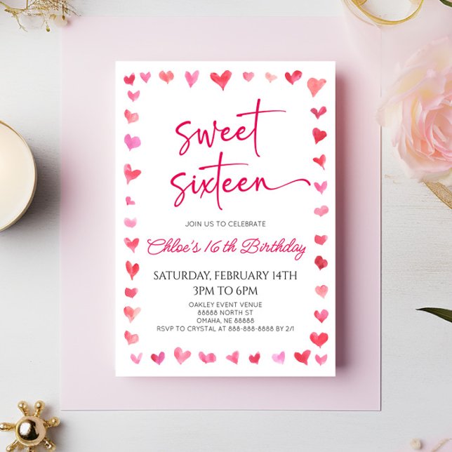 Sweet Sixteen Red Pink Hearts 16th Birthday Party Invitation (Creator Uploaded)