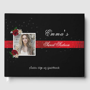 Sweet Sixteen, Red Satin Red Roses Sparkle Photo Guest Book