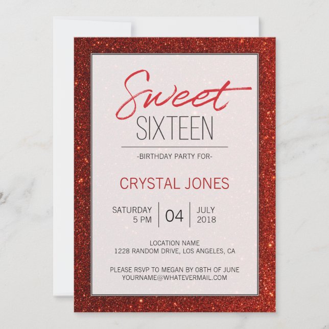 Sweet Sixteen red sparkle Invitation (Front)