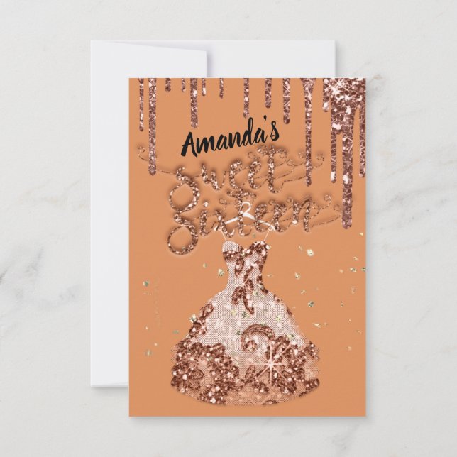 Sweet Sixteen Rose Dress Glitter Drip Black Orange Invitation (Back)