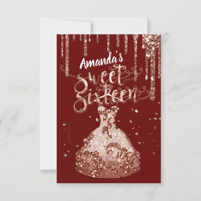 Sweet Sixteen Rose Dress Glitter Drip Burgundy  Invitation (Back)