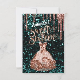Sweet Sixteen Rose Floral Dress Glitter Drips Teal Invitation