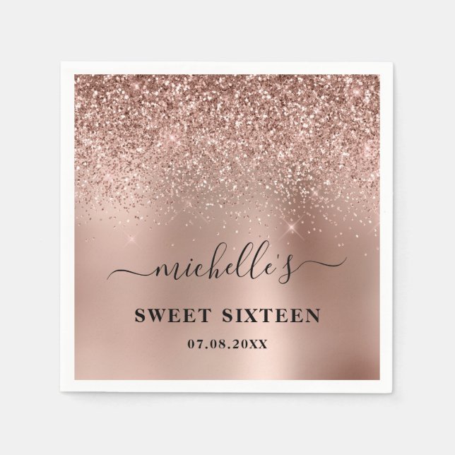 Sweet Sixteen Rose Gold Glitter Sparkle Name Napkin (Front)