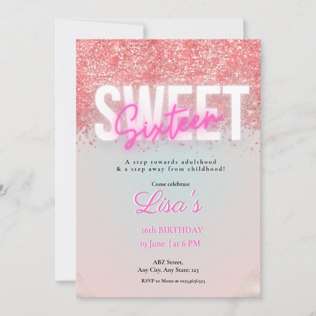 sweet sixteen Rose Pink glitter birthday  Invitation (Front)