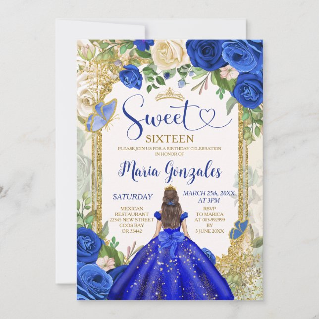 Sweet Sixteen Royal Blue Butterfly Birthday Party Invitation (Front)