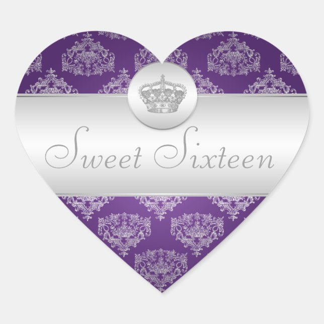 Sweet Sixteen Royal Crown Purple Heart Sticker (Front)