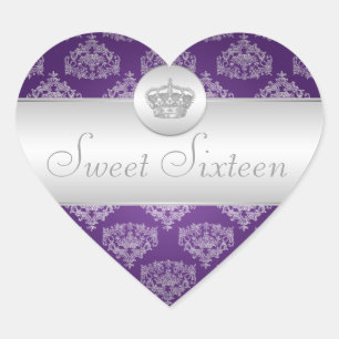 Sweet Sixteen Royal Crown Purple Heart Sticker