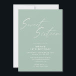Sweet Sixteen Script Sage Green Mint 16th Birthday Invitation<br><div class="desc">Pretty and simplistic 16th birthday invitations with heading "Sweet Sixteen" text in white script font on an airy pastel green background. The reverse side features a pattern of the word "sixteen" in coordinating script. The reverse side pattern, as well as the background colour, can be changed by using the design...</div>
