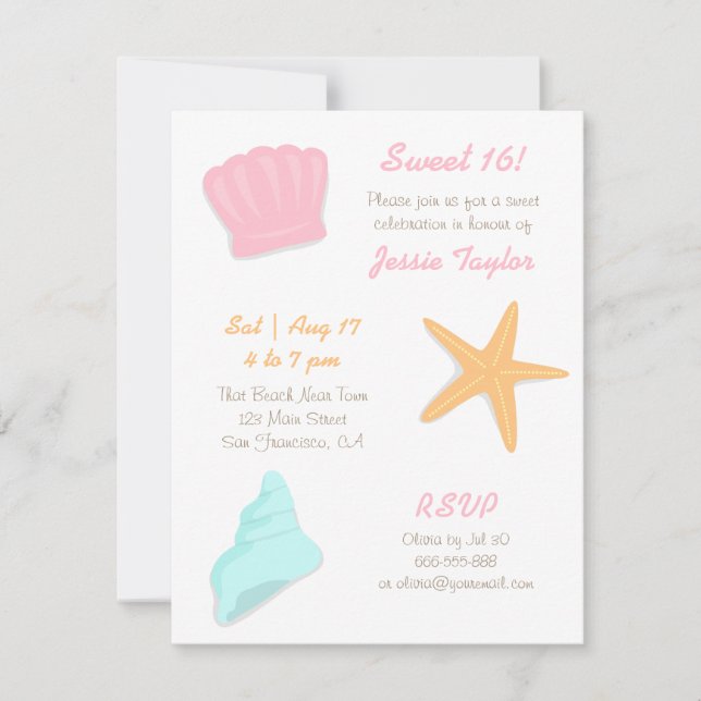 Sweet Sixteen Seashells Beach Birthday Party Invitation (Front)