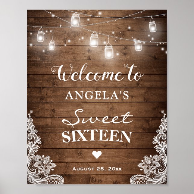 Sweet Sixteen Sign Rustic Wood String Lights Lace (Front)