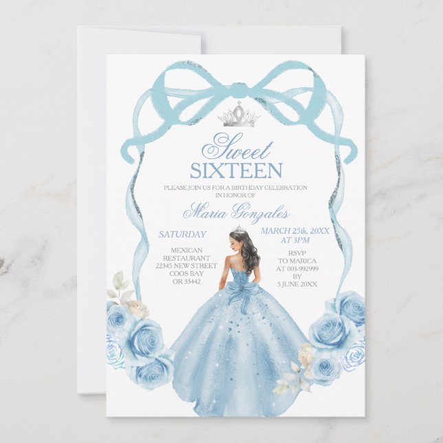Sweet Sixteen Silver and Baby Blue Birthday  Invitation (Front)