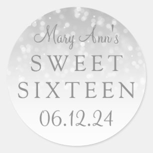 Sweet Sixteen Silver Bokeh Sparkle Lights Classic Round Sticker