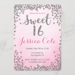 Sweet Sixteen Silver Glitter Birthday Invitation