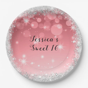 Sweet Sixteen Silver Glitter Pink Paper Plate