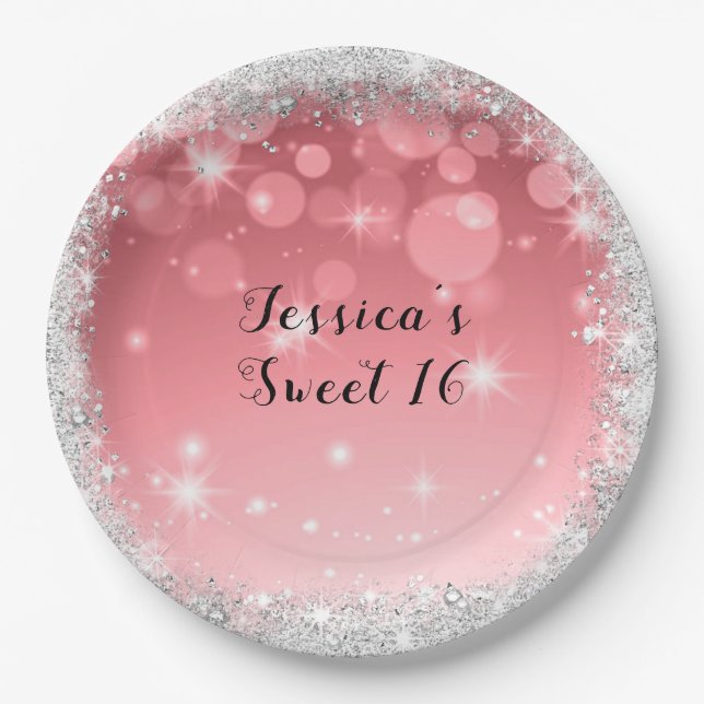 Sweet Sixteen Silver Glitter Pink Paper Plate (Front)