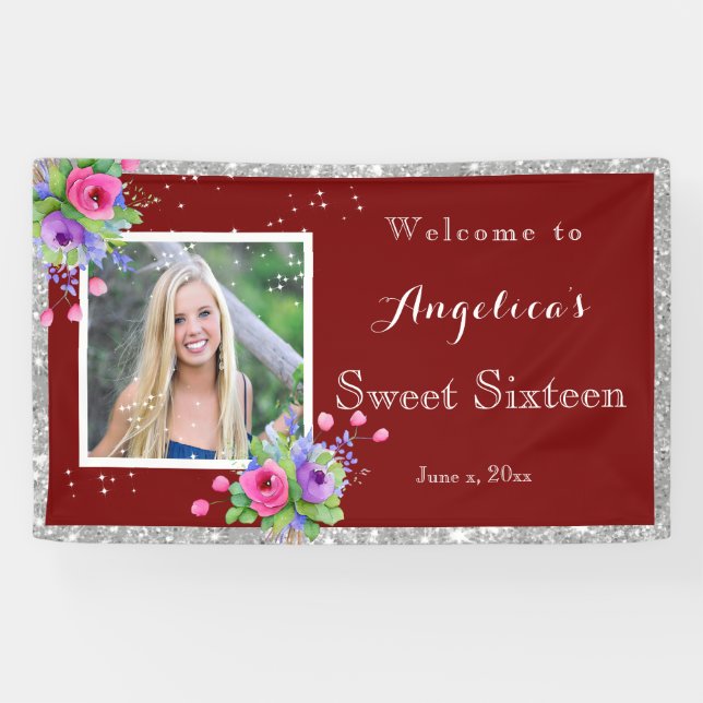 Sweet Sixteen Silver Glitter Pretty Flowers Red  Banner (Horizontal)