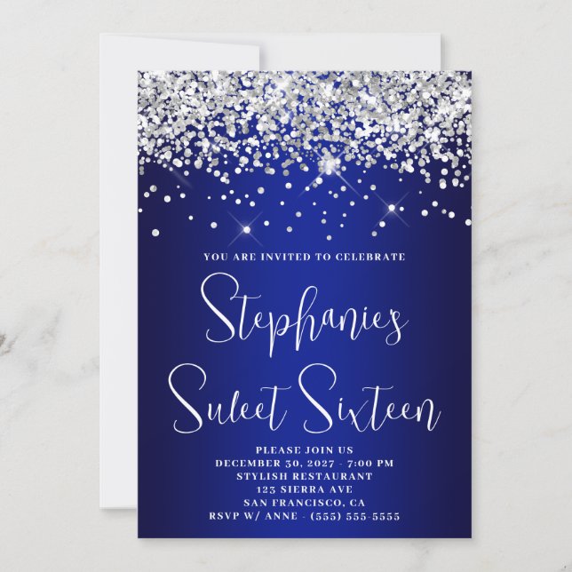 Sweet Sixteen Silver Glitter Royal Blue Navy Ombre Invitation (Front)