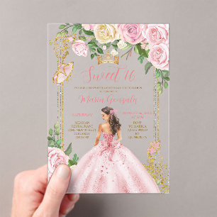 Sweet Sixteen Soft Blush Pink Crown Gold Birthday Acrylic Invitations