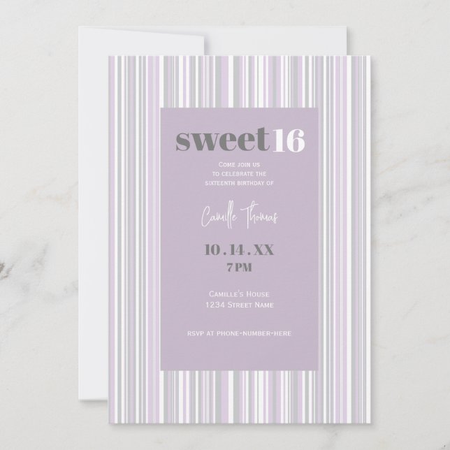 Sweet Sixteen | Soft Purple & Grey Stripes Invitation (Front)
