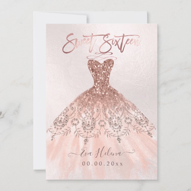 Sweet Sixteen, Sparkle Gown, Faux Rose Gold cards (Front)