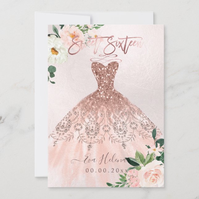 Sweet Sixteen, Sparkle Gown, Faux Rose Gold cards (Front)