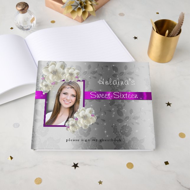 Sweet Sixteen, Sparkle, Pink Satin White Roses Guest Book (Front Open)