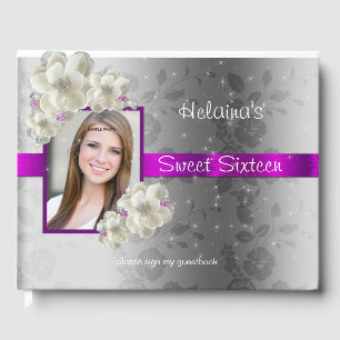 Sweet Sixteen, Sparkle, Pink Satin White Roses Guest Book