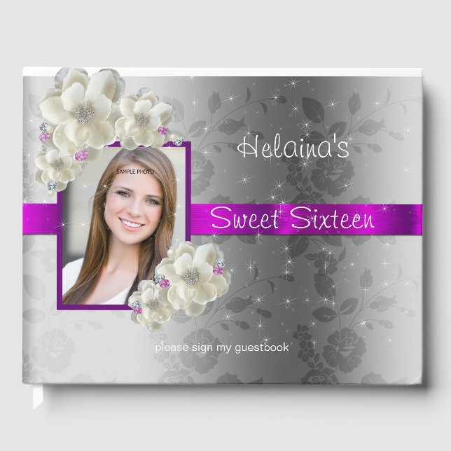 Sweet Sixteen, Sparkle, Pink Satin White Roses Guest Book (Front)