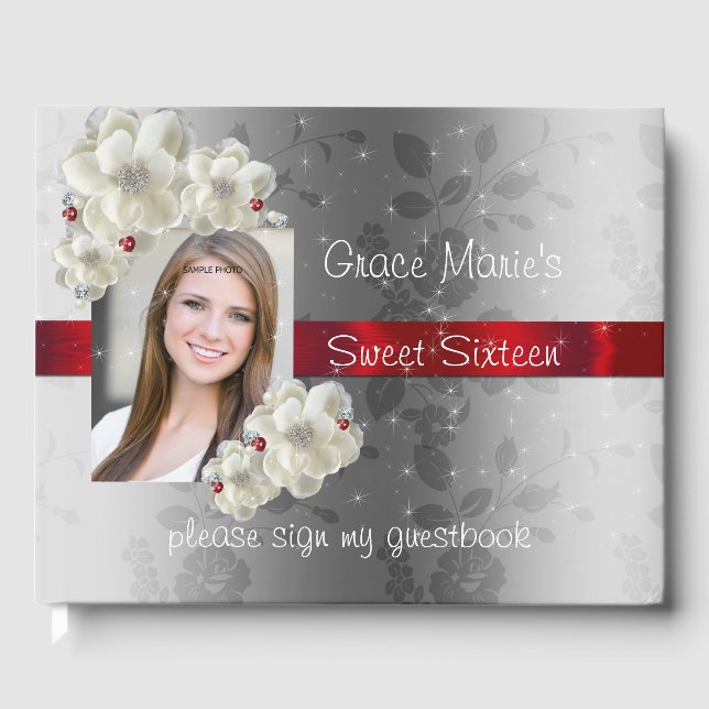 Sweet Sixteen, Sparkle, Red Satin, Guest Book (Front)