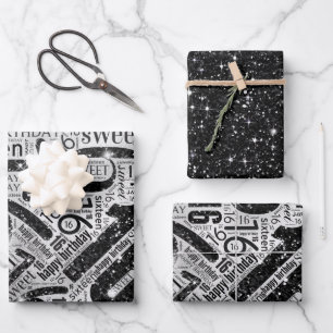 Sweet Sixteen Sparkle Word Cloud Black/White ID265 Wrapping Paper Sheet
