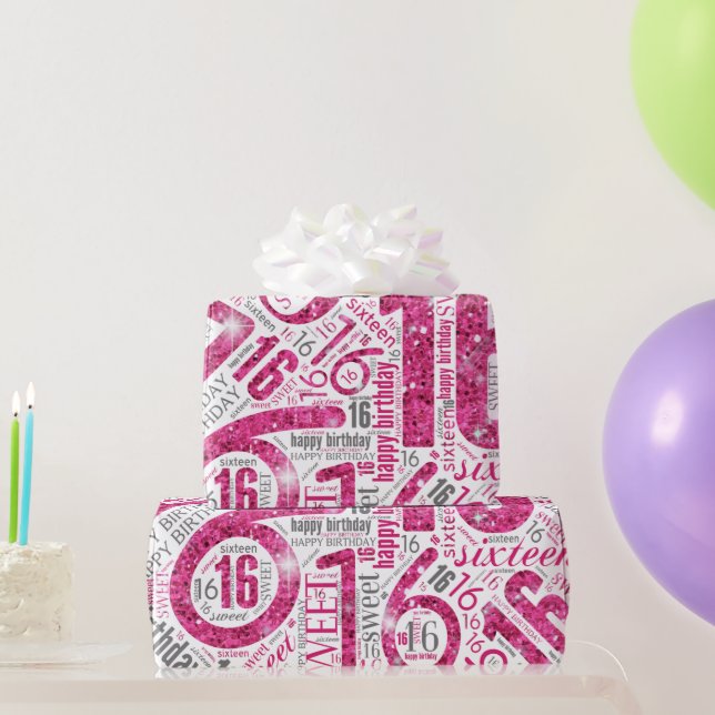 Sweet Sixteen Sparkle Word Cloud Pink White ID265 Wrapping Paper (Party Gifts)