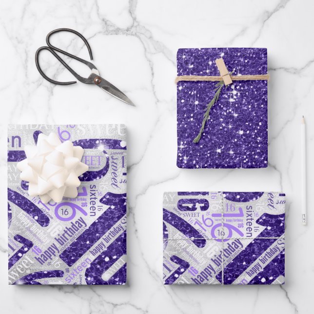 Sweet Sixteen Sparkle Word Cloud Purple ID265 Wrapping Paper Sheet (Front)