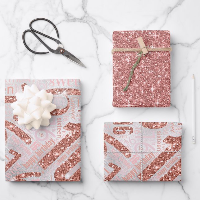 Sweet Sixteen Sparkle Word Cloud Rose Gold ID265 Wrapping Paper Sheet (Front)