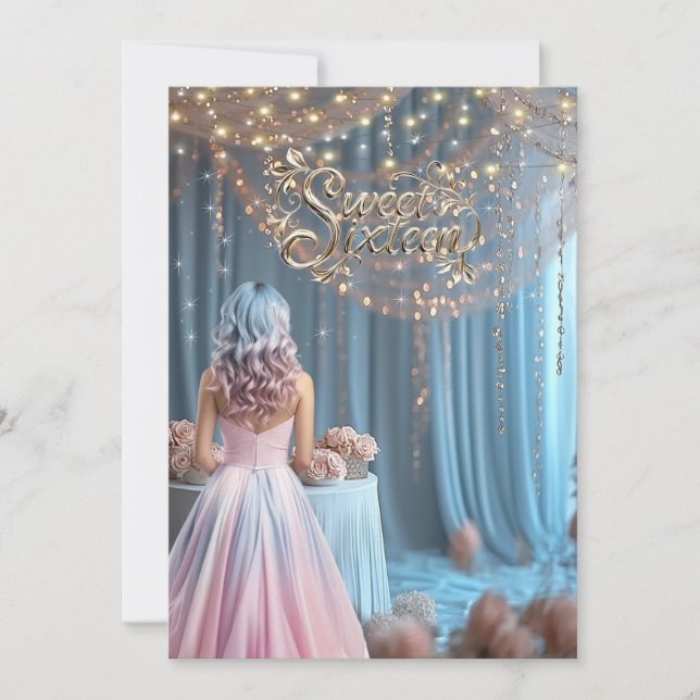 Sweet Sixteen Sparkles Flowers Girl Blue Pink Hair Invitation (Front)
