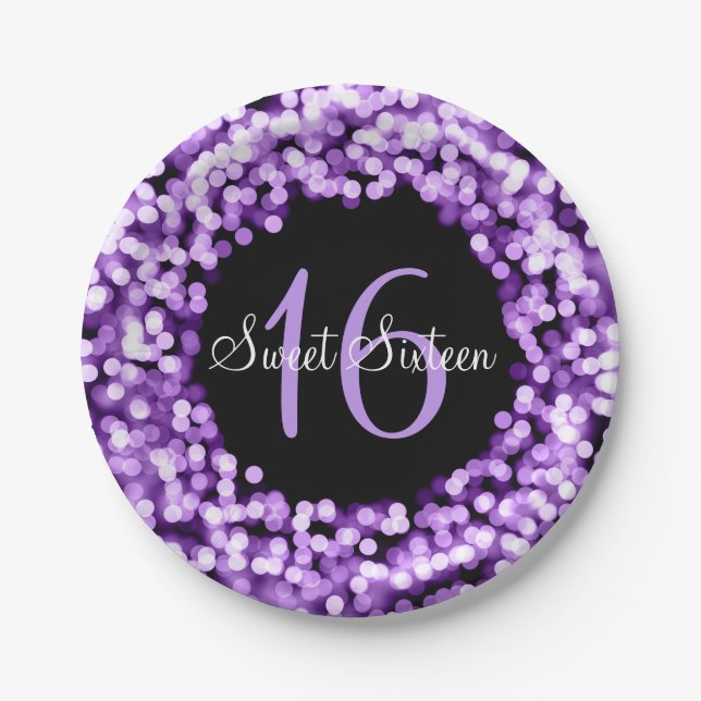 Sweet Sixteen Sparkling Lights Purple Paper Plate (Front)