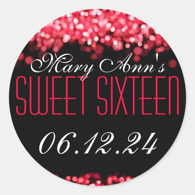 Sweet Sixteen Sparkling Lights Red Classic Round Sticker (Front)