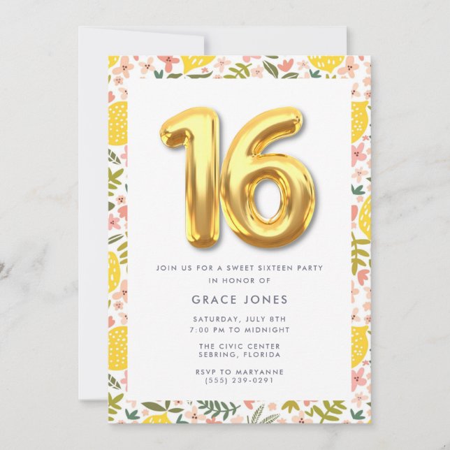 Sweet Sixteen Summer Lemon Birthday Party Invitation (Front)