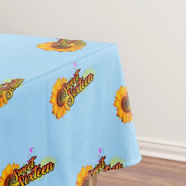 Sweet Sixteen Sunflower and Balloons on Light Blue Tablecloth (In Situ)